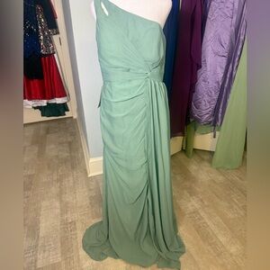 One-Shoulder Sage Green Ruched Evening Gown